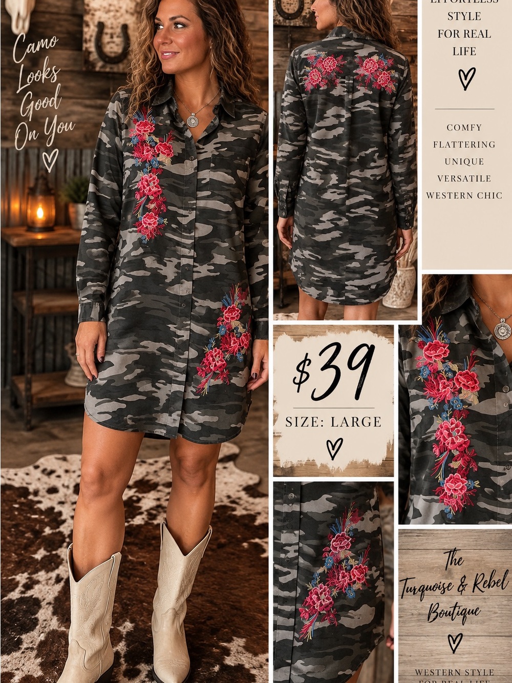 Paparazzi Camo Shirt Dress with Pink Floral Embroidery